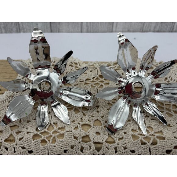 Pair Vintage Silver Tone Metal Poinsettia Flower Candle Holders - Picture 4 of 5